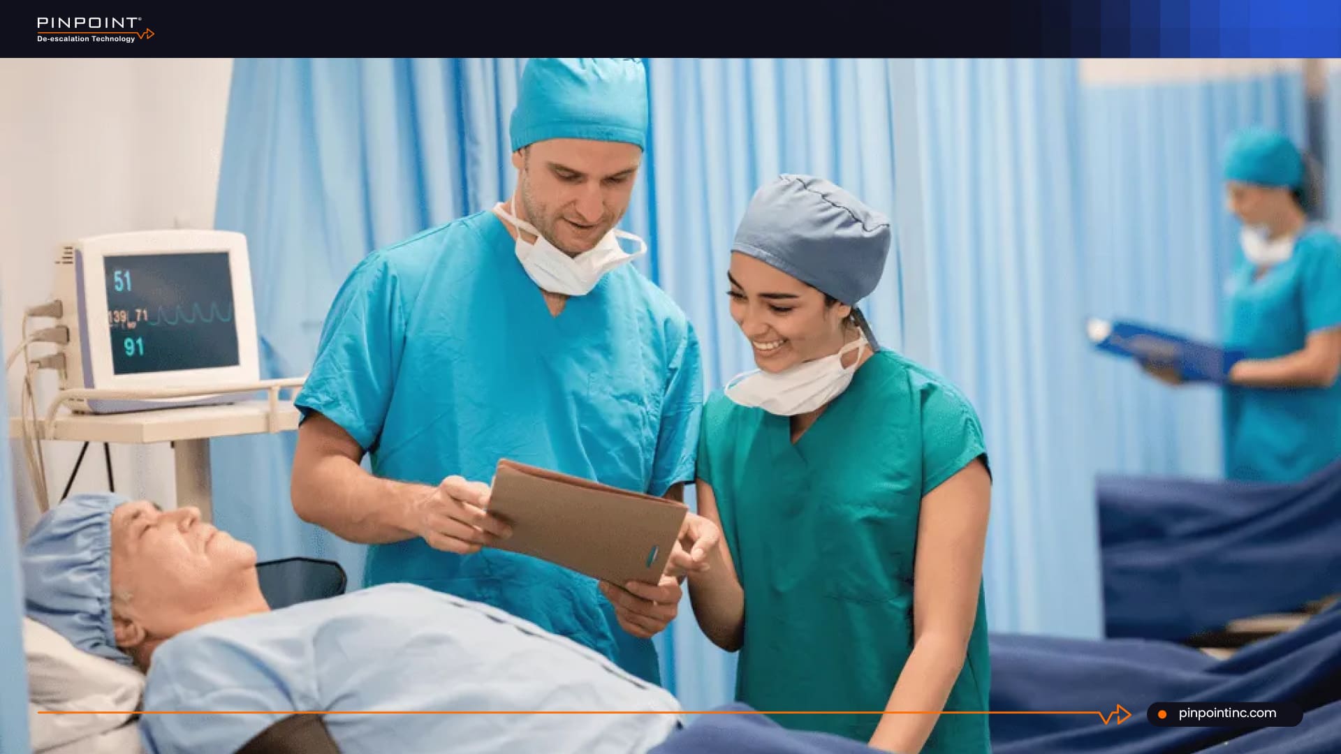 Surgical team using digital tools in hospital setting for RTLS healthcare discussion
