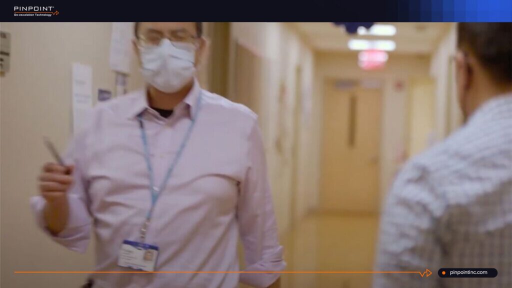 A television screen or media feature showing Pinpoint's non-tracking healthcare safety system spotlighted on an HBO Max program.