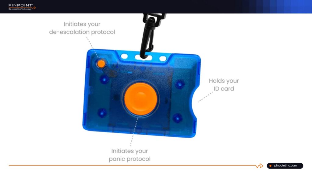 A comprehensive hospital panic button system showing a wireless duress badge designed for immediate security response.