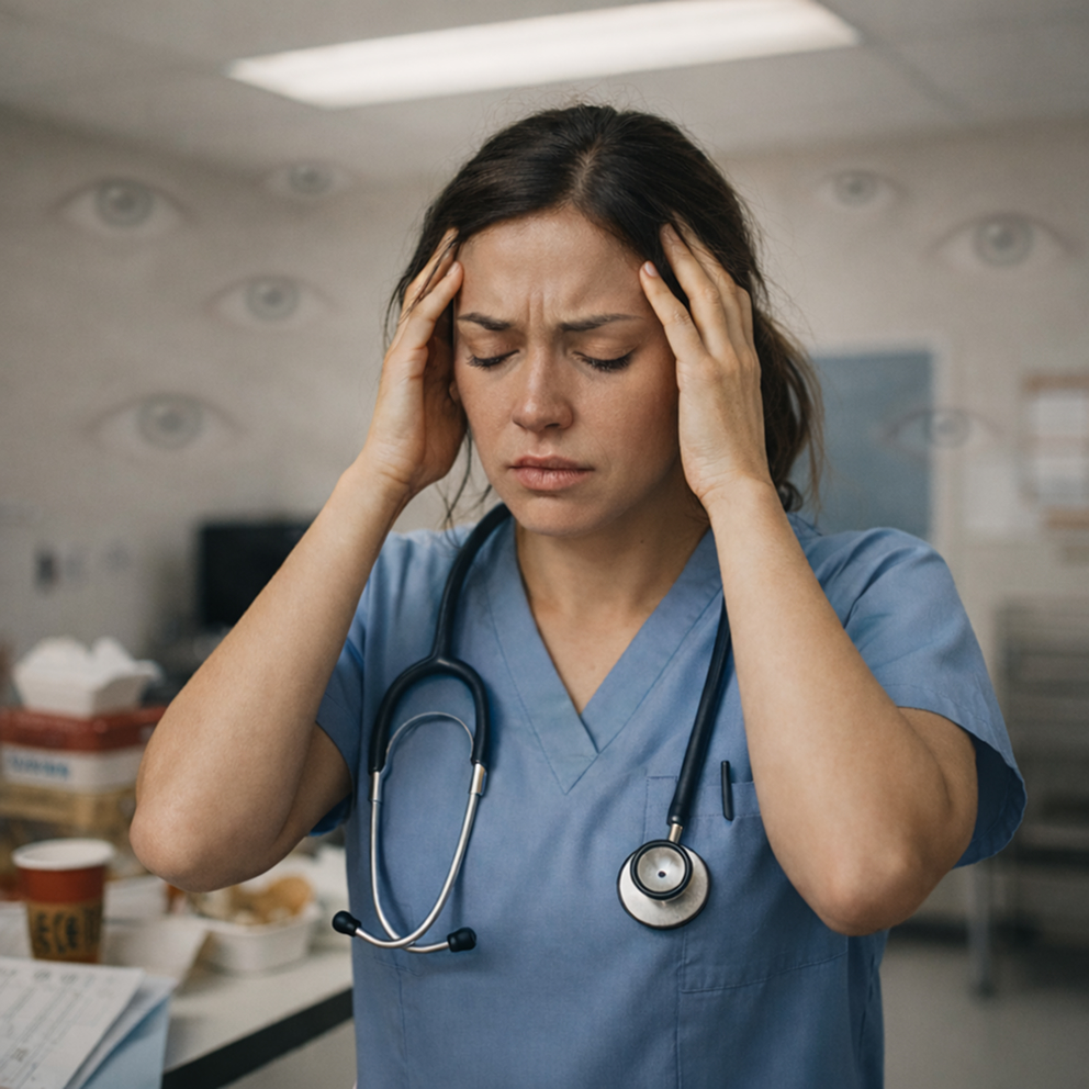 A distressed female nurse in blue scrubs holding her head in her hands in a hospital room.