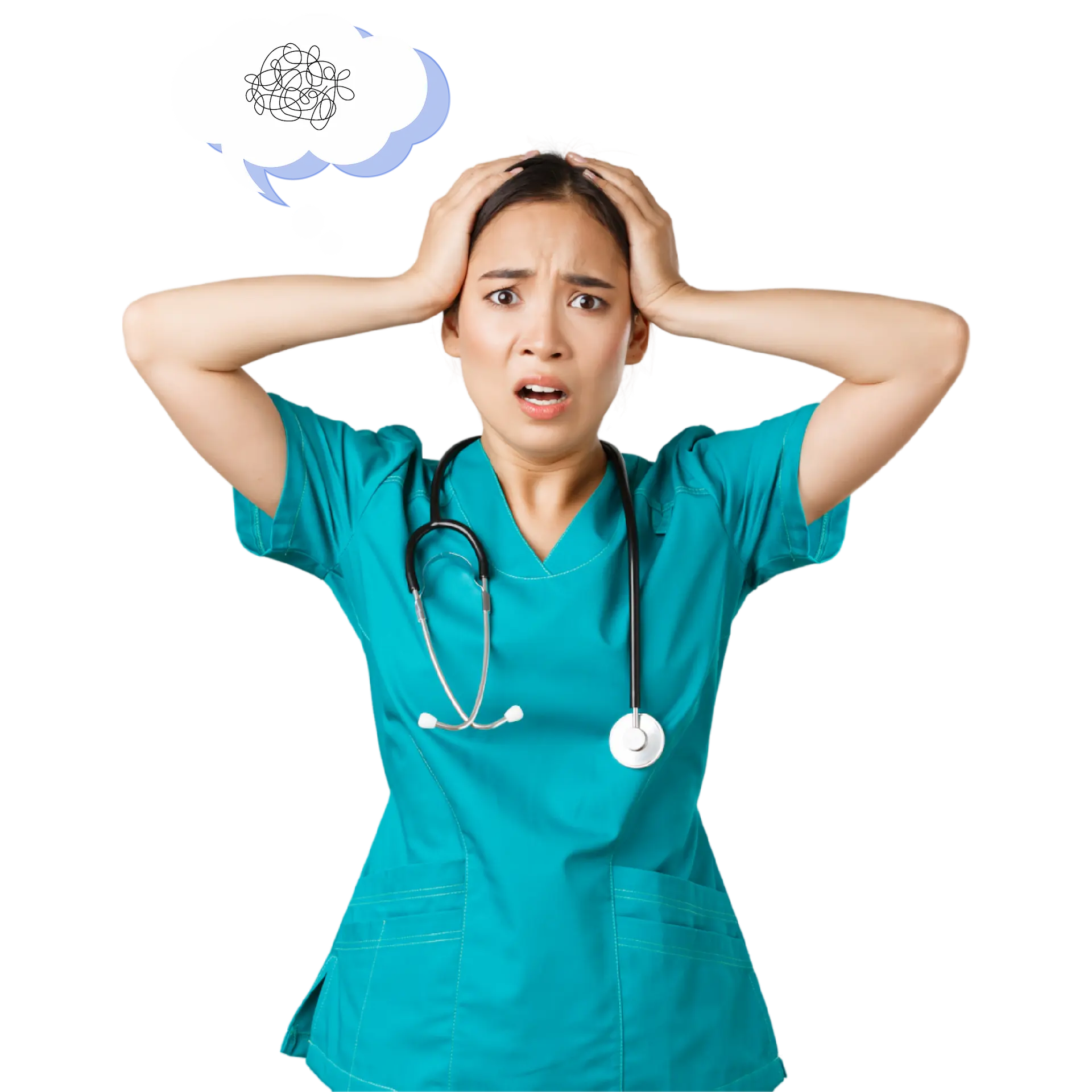 Healthcare professional in scrubs holding her head with a confused expression and tangled thought bubble representing stress and overwhelm