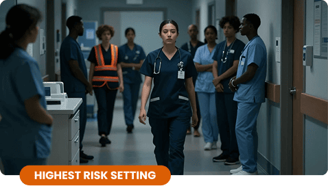 A group of diverse medical professionals and nursing staff standing in a dimly lit behavioral health facility hallway, featuring a prominent orange banner at the bottom that reads Highest Risk Setting.