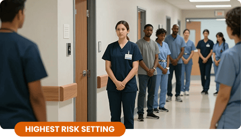 A team of medical professionals lined up along a corridor wall next to a secure doorway, labeled with an orange badge marking it as a highest risk setting.