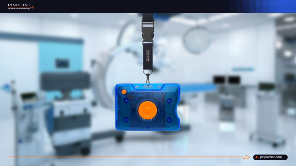 Wearable panic button badge shown in a healthcare setting for a guide comparing the best wearable panic button systems for healthcare facilities in 2026.