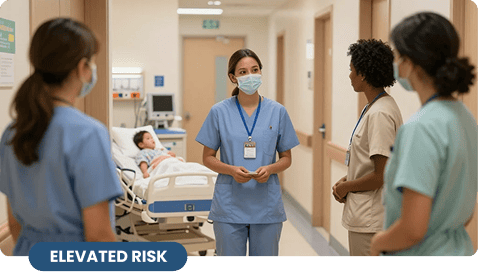 A group of pediatric nursing staff wearing face masks discuss care protocols in a clinic corridor next to a child resting in a hospital bed, with a blue graphic label reading Elevated Risk.