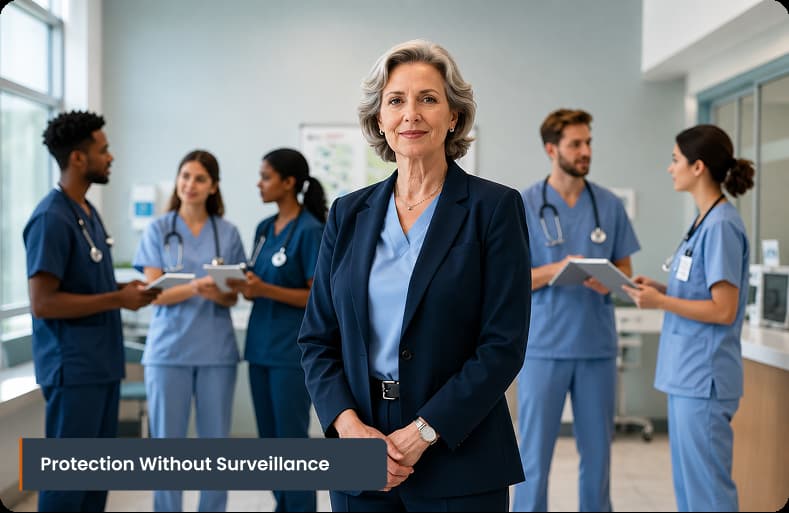 A senior healthcare administrator in a dark blue blazer smiling in the foreground with a diverse group of nursing staff collaborating in the background.