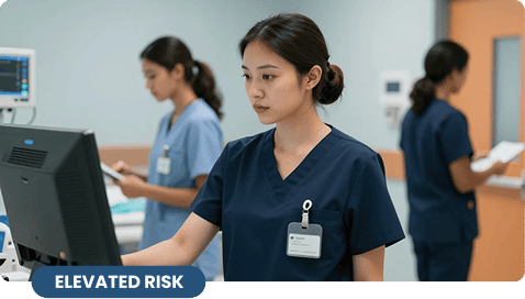 A female nurse in navy blue scrubs looks focused while working at a computer station in a hospital room, with other medical staff in the background and a blue label reading Elevated Risk.
