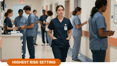 Nursing staff standing in a busy hospital corridor with an orange graphic label reading highest risk setting, highlighting areas requiring workplace violence prevention compliance.