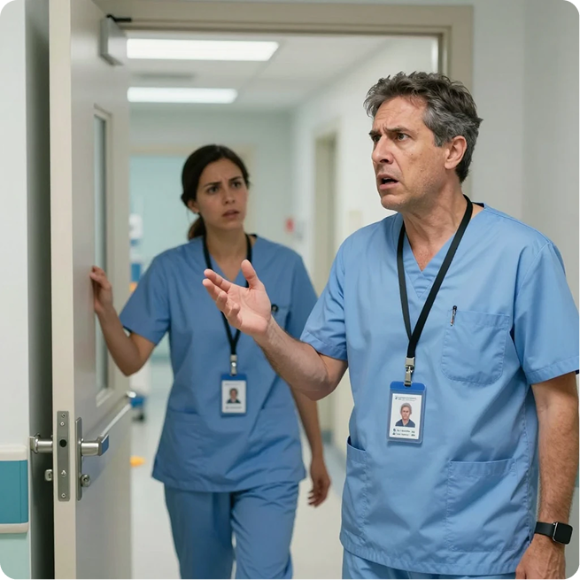 Nurse and doctor responding together in a hospital hallway wearing duress badges
