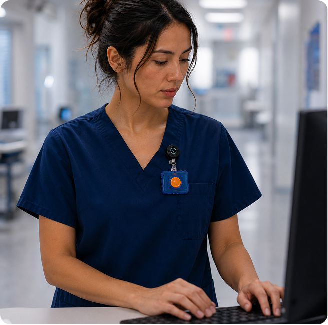 Nurse charting on a computer while wearing a Pinpoint duress badge