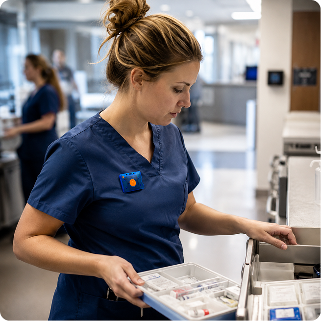 Nurse clipped with a Pinpoint duress badge preparing medication at a hospital cart