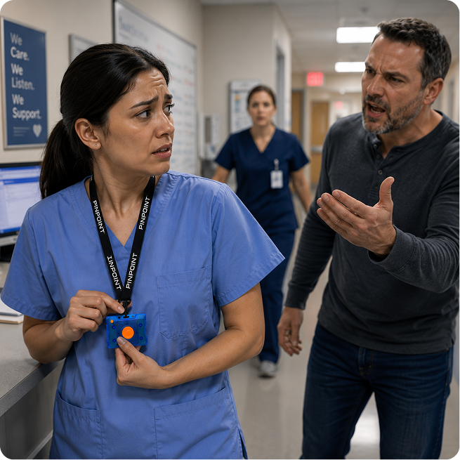Nurse wearing a Pinpoint duress badge while a visitor becomes agitated in a hospital hallway