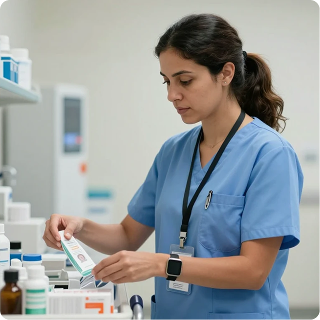 Nurse checking a medication label while wearing a Pinpoint duress badge