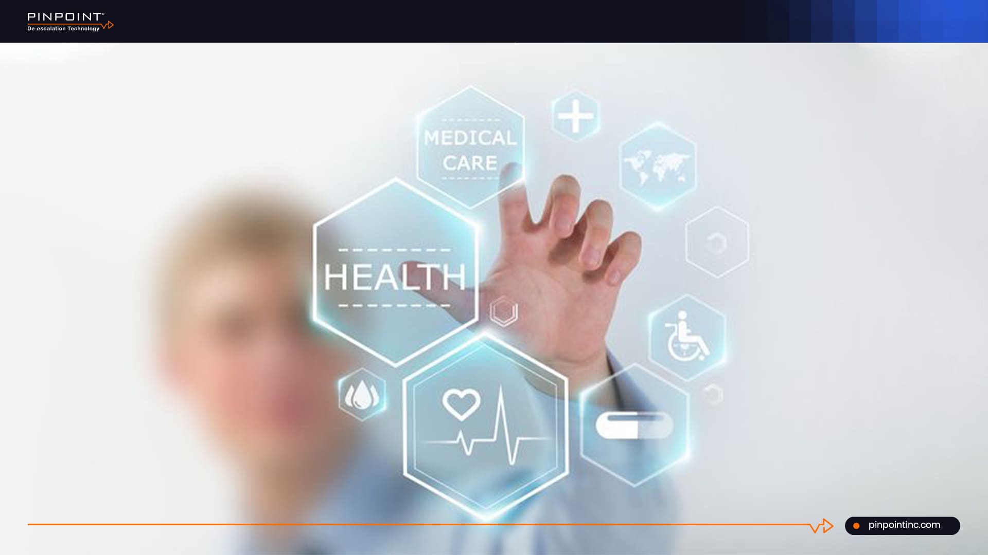 Pinpoint healthcare panic button system cost guide showing a medical professional interacting with digital healthcare icons to represent staff safety technology planning.