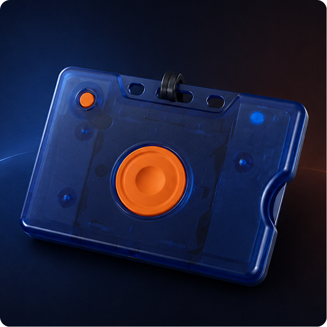 Close-up of the Pinpoint wearable duress and panic button badge
