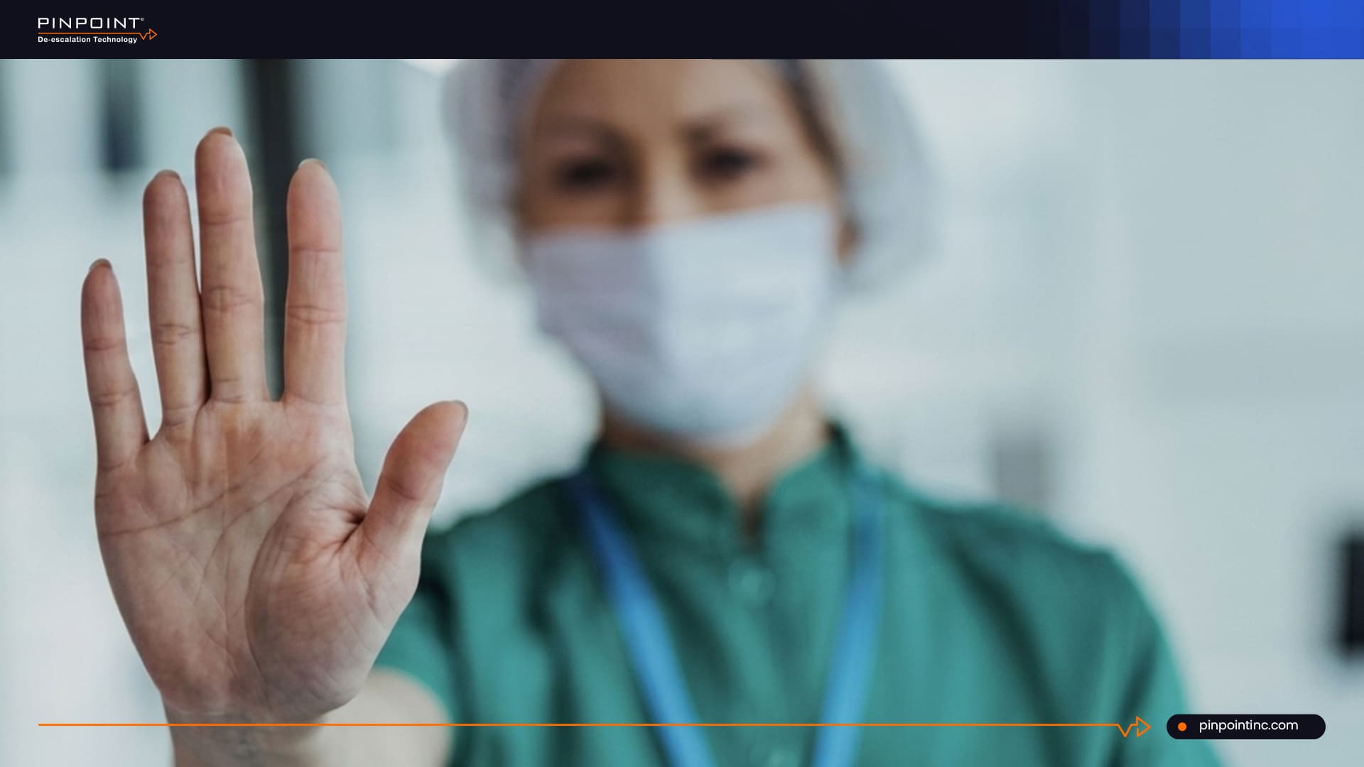 Pinpoint guide on workplace violence prevention in healthcare showing a masked healthcare worker raising a hand to represent staff safety, OSHA compliance, and alert systems.