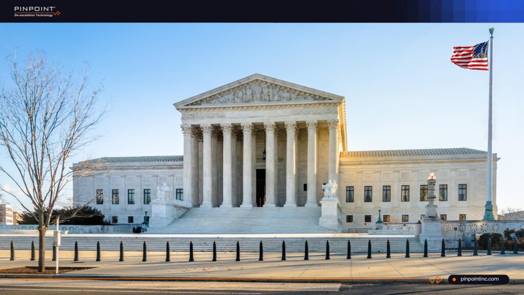 Pinpoint guide on digital privacy and nurse tracking showing the U.S. Supreme Court building to represent legal scrutiny around hospital RTLS tracking and employee location data.