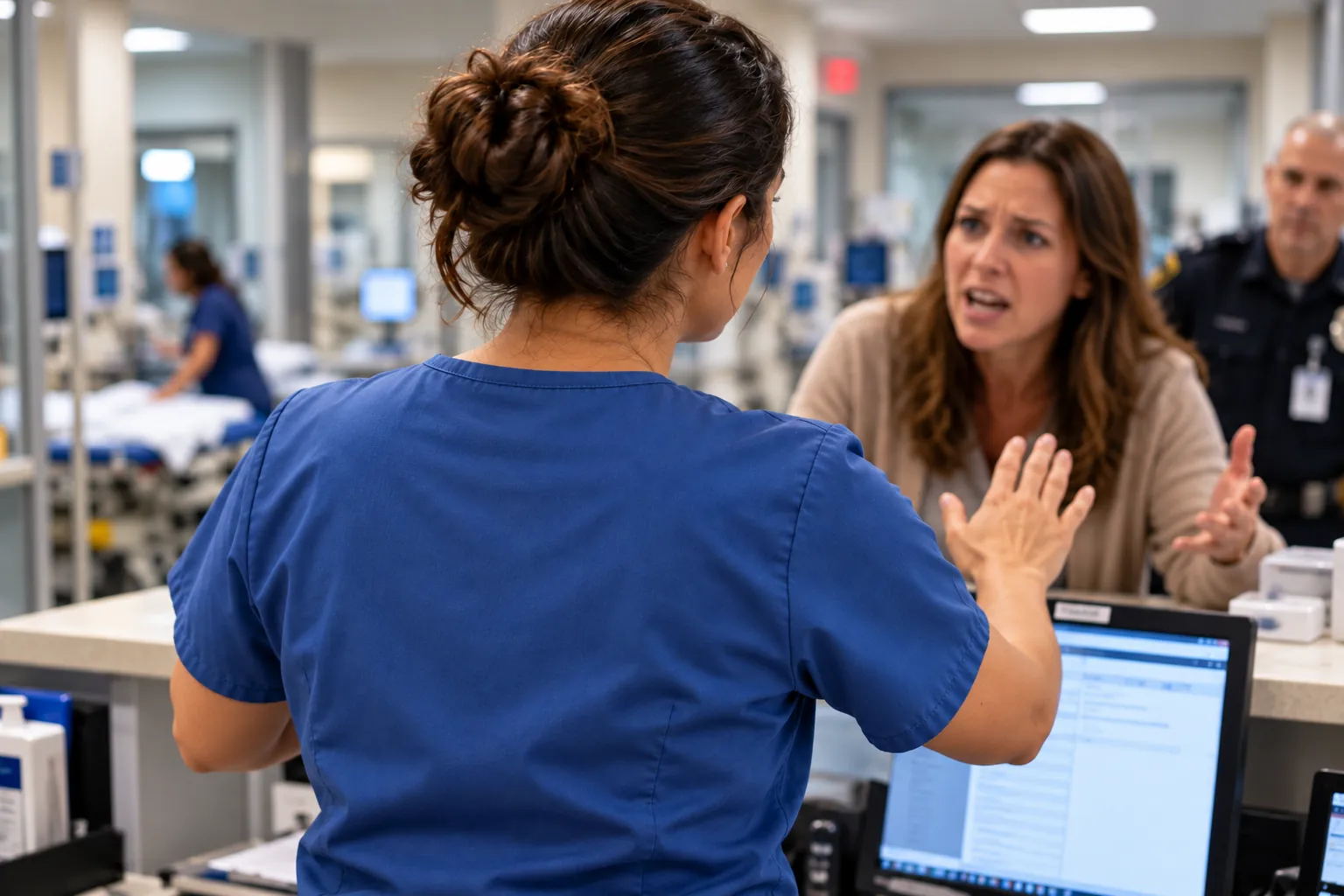 Emergency department nurse, seen from behind, raising a calming hand toward an agitated visitor at the triage desk