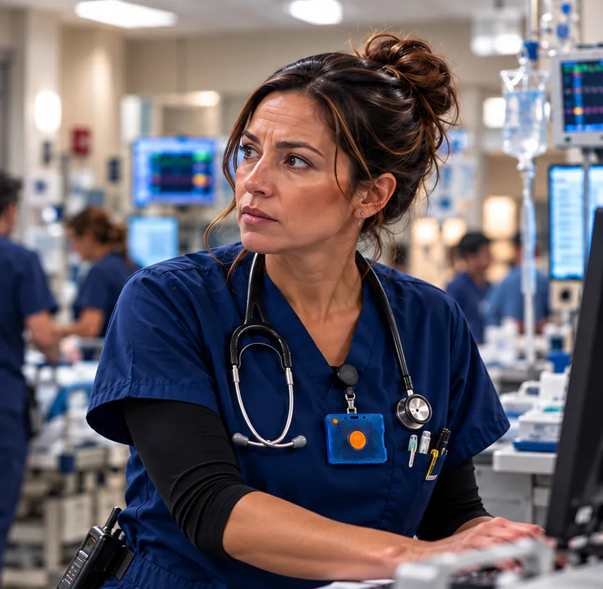 Emergency nurse at a freestanding ED workstation wearing a Pinpoint non-tracking panic button badge on navy scrubs