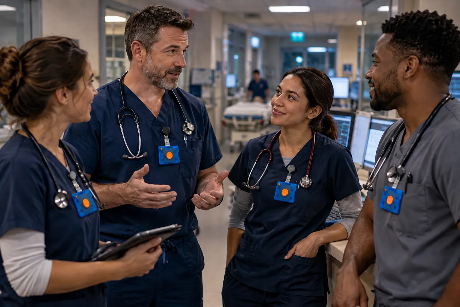 Four emergency department staff talking at the nurses' station, each wearing a Pinpoint wearable panic button badge
