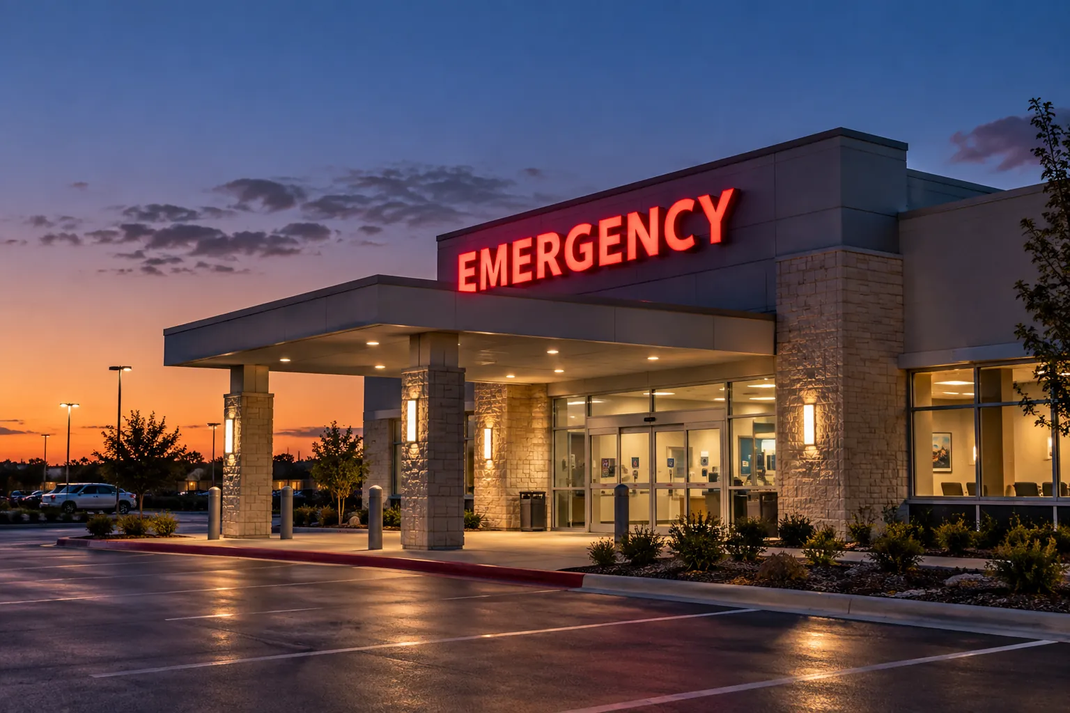 Freestanding emergency room building at sunset with a lit red EMERGENCY sign over the entrance and an empty parking lot