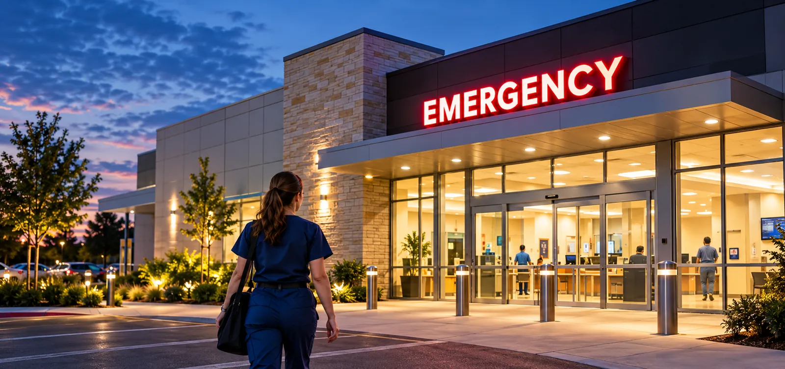 Nurse in scrubs walking toward a freestanding emergency room entrance at dusk beneath a lit EMERGENCY sign
