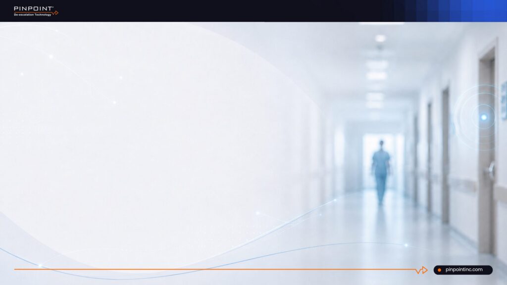 Pinpoint guide on de-escalation technology for behavioral health units, showing how two-tier alert systems help staff request quiet support before a situation becomes an emergency.