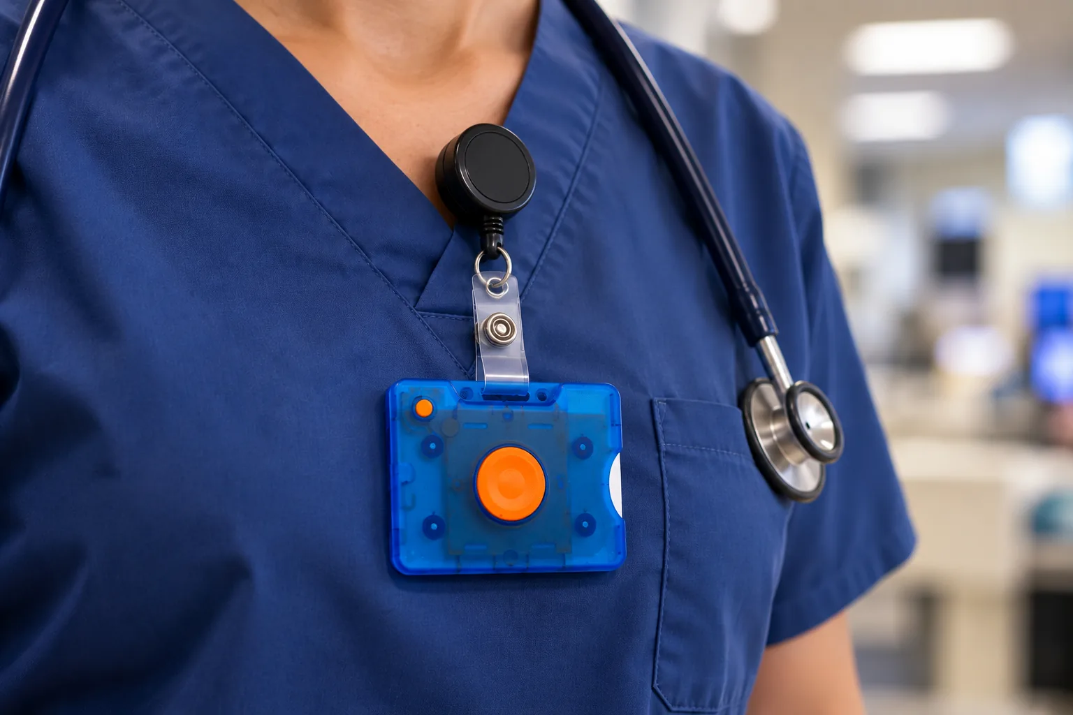 Close-up of a Pinpoint wearable panic button badge on a retractable reel clipped to a nurse's navy scrubs