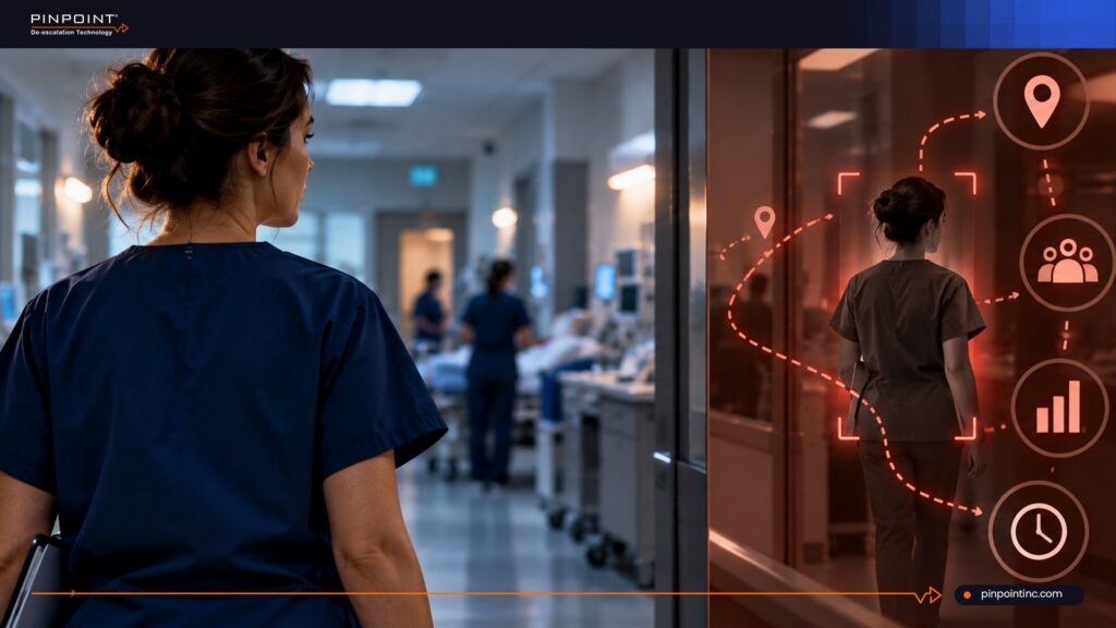 Pinpoint guide on non-tracking panic buttons for freestanding ED staff, showing a nurse in a hospital corridor beside a red overlay of location pins, movement paths, and time-tracking icons that represent RTLS staff surveillance.