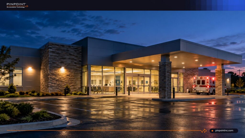 Pinpoint guide on panic buttons for freestanding emergency departments without on-site IT, showing a standalone emergency room building at dusk with an ambulance parked under the entrance canopy.