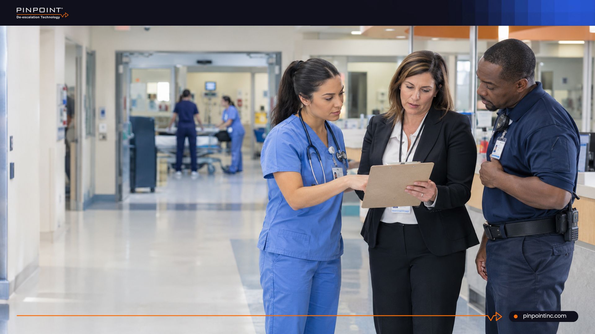 Pinpoint blog banner showing hospital staff reviewing safety requirements for New York's 2026 to 2027 workplace violence rules and compliance deadlines.