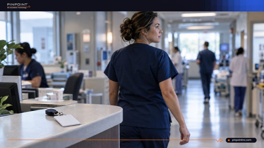 Pinpoint blog banner showing a nurse in a hospital setting for a guide on why nurses refuse RTLS hospital tracking badges, including privacy concerns, surveillance fears, and event-triggered safety alternatives.